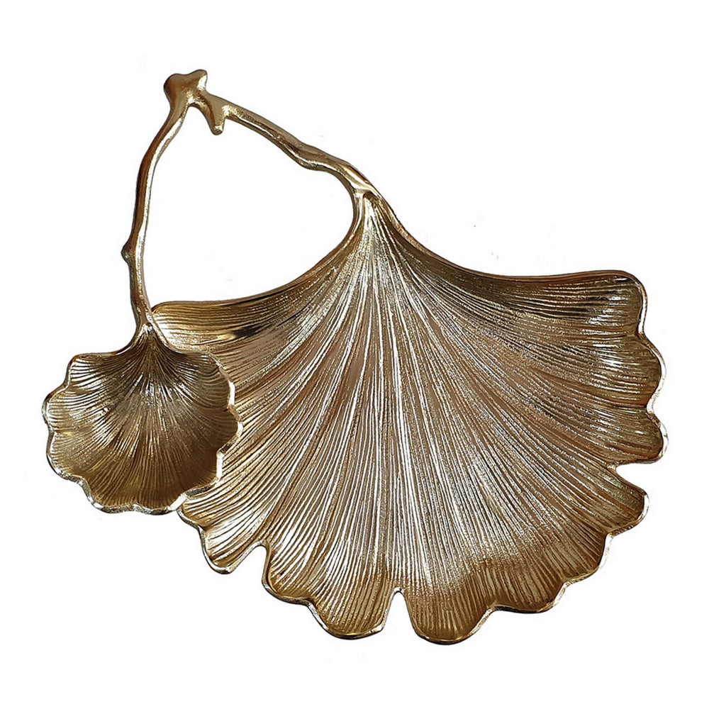 14 Inch Double Leaf Decorative Bowl, Firm Aluminum, Textured Gold Finish