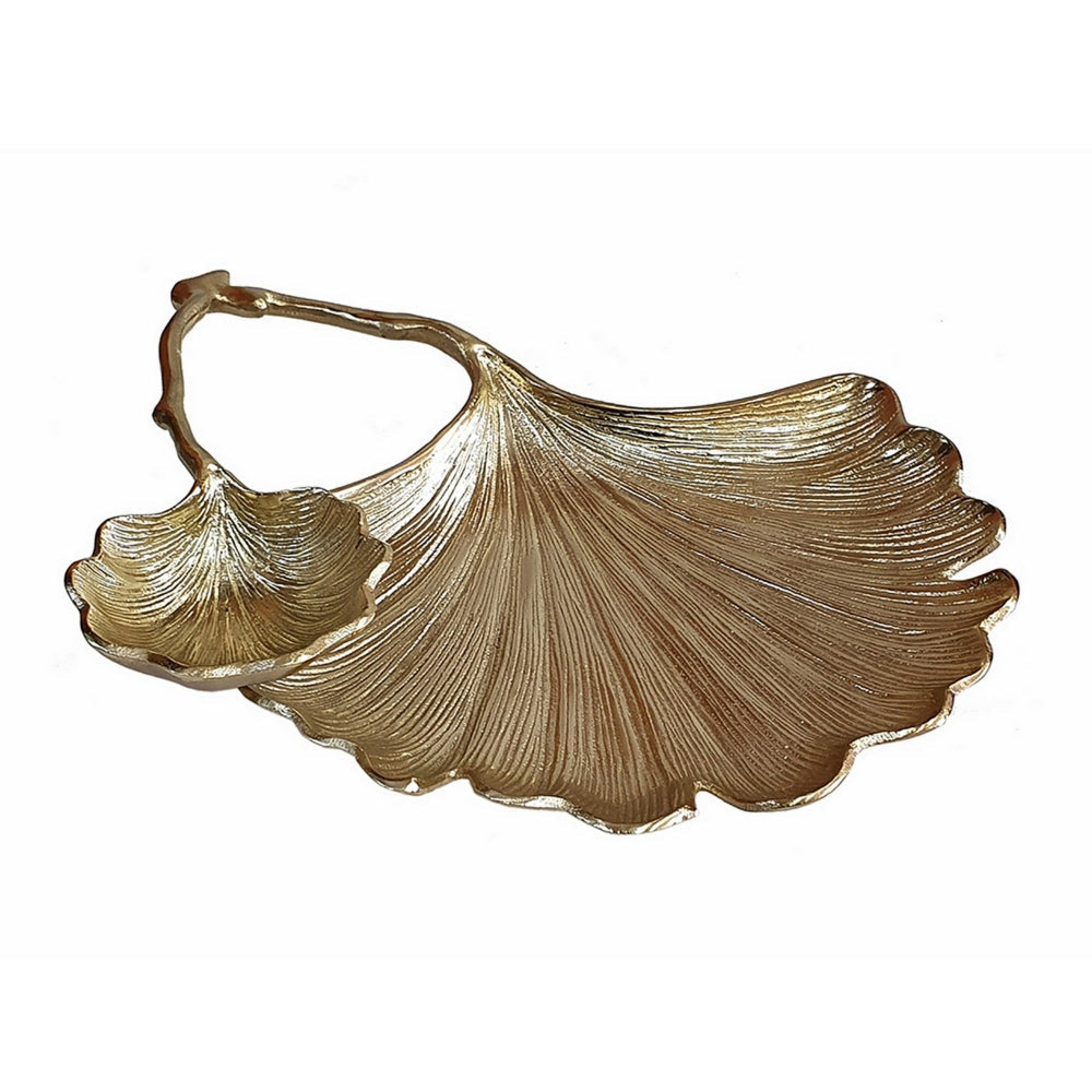 14 Inch Double Leaf Decorative Bowl, Firm Aluminum, Textured Gold Finish