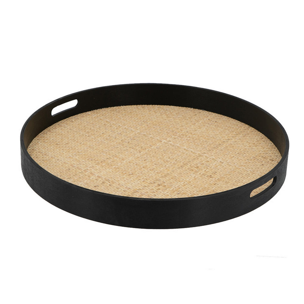 Zam 20 Inch Round Wood Decorative Tray, Rattan Woven Bottom, Black Finish