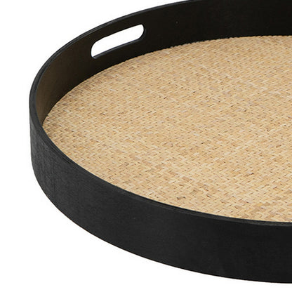 Zam 20 Inch Round Wood Decorative Tray, Rattan Woven Bottom, Black Finish