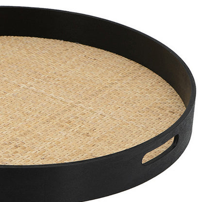 Zam 20 Inch Round Wood Decorative Tray, Rattan Woven Bottom, Black Finish