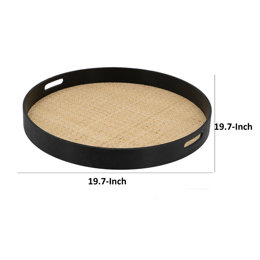 Zam 20 Inch Round Wood Decorative Tray, Rattan Woven Bottom, Black Finish