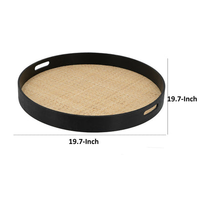 Zam 20 Inch Round Wood Decorative Tray, Rattan Woven Bottom, Black Finish