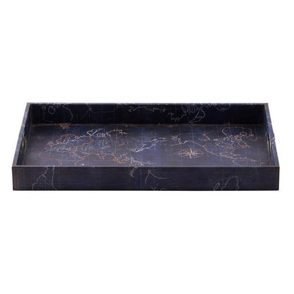 25 Inch Set of 2 Rectangular Decorative Trays, Gold Map Design, Deep Blue