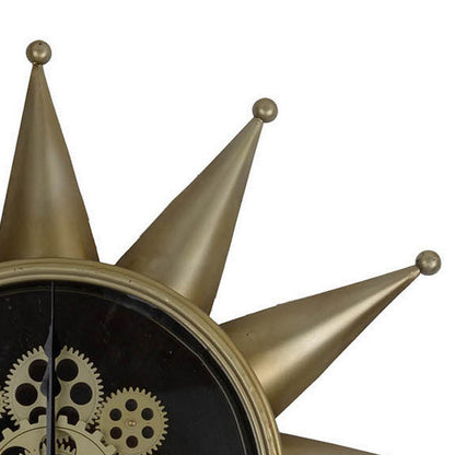 28 Inch Round Wall Clock, Sun Shaped Frame, Rich Brown, Bold Jet Black
