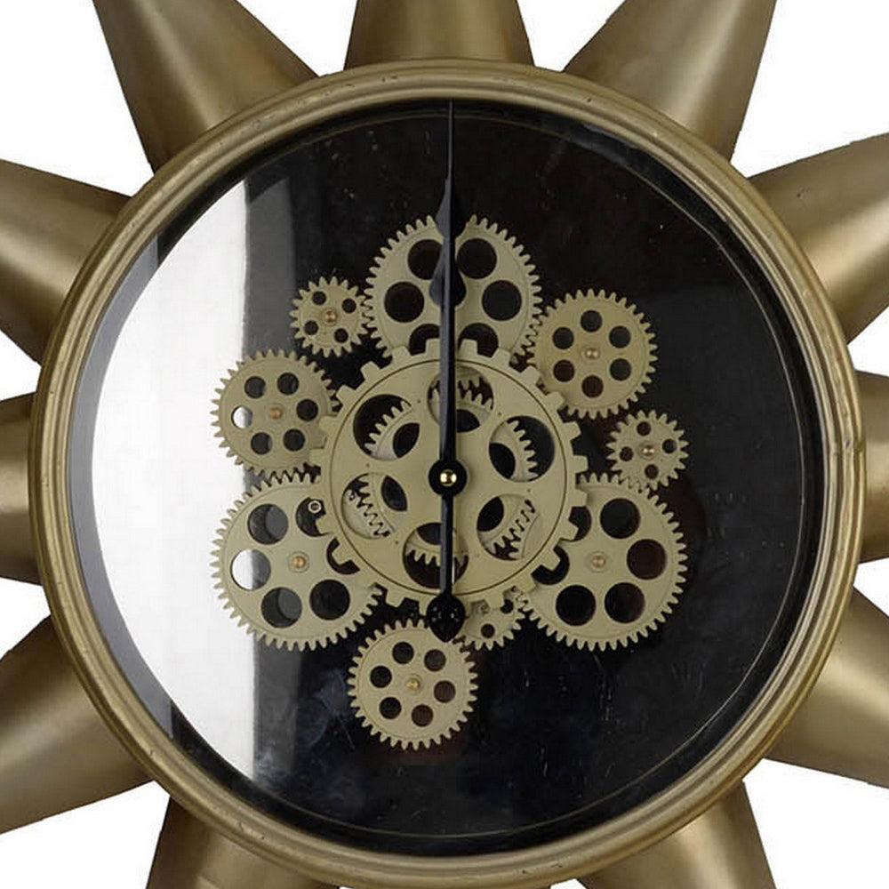 28 Inch Round Wall Clock, Sun Shaped Frame, Rich Brown, Bold Jet Black