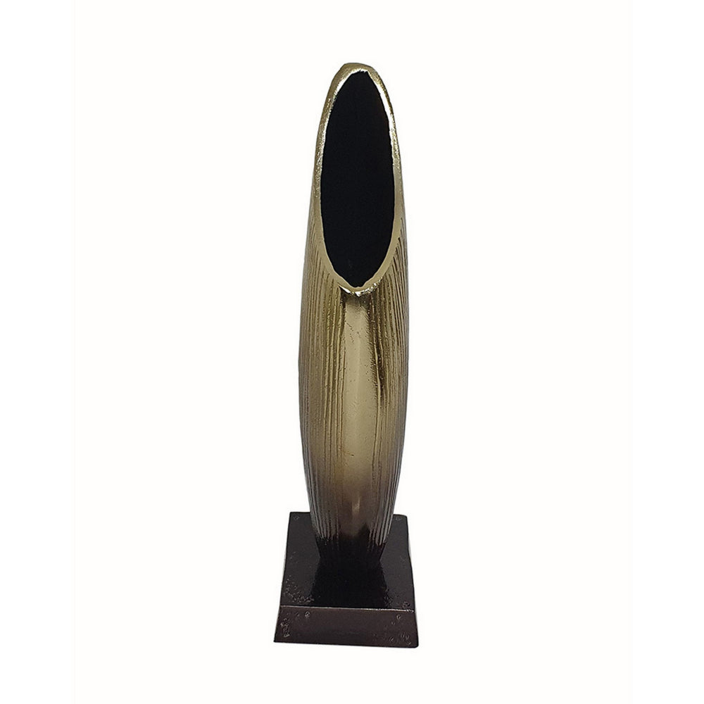 15 Inch Decorative Vase, Aluminum, Vertical Ribbing, Gold and Jet Black