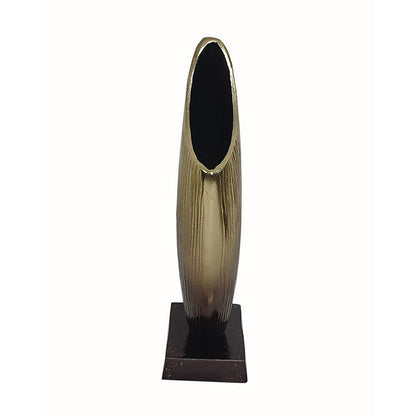 15 Inch Decorative Vase, Aluminum, Vertical Ribbing, Gold and Jet Black