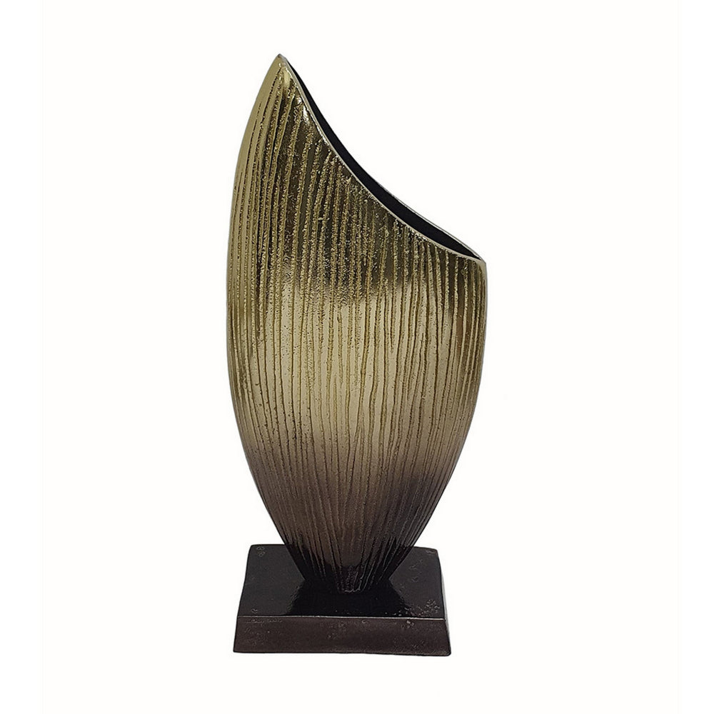 15 Inch Decorative Vase, Aluminum, Vertical Ribbing, Gold and Jet Black