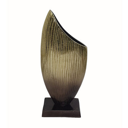 15 Inch Decorative Vase, Aluminum, Vertical Ribbing, Gold and Jet Black