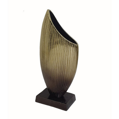 15 Inch Decorative Vase, Aluminum, Vertical Ribbing, Gold and Jet Black