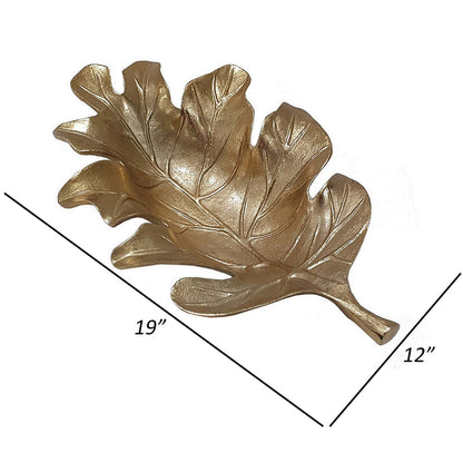 19 Inch Decorative Plate Tray, Oak Leaf Design, Gold Finished Aluminum