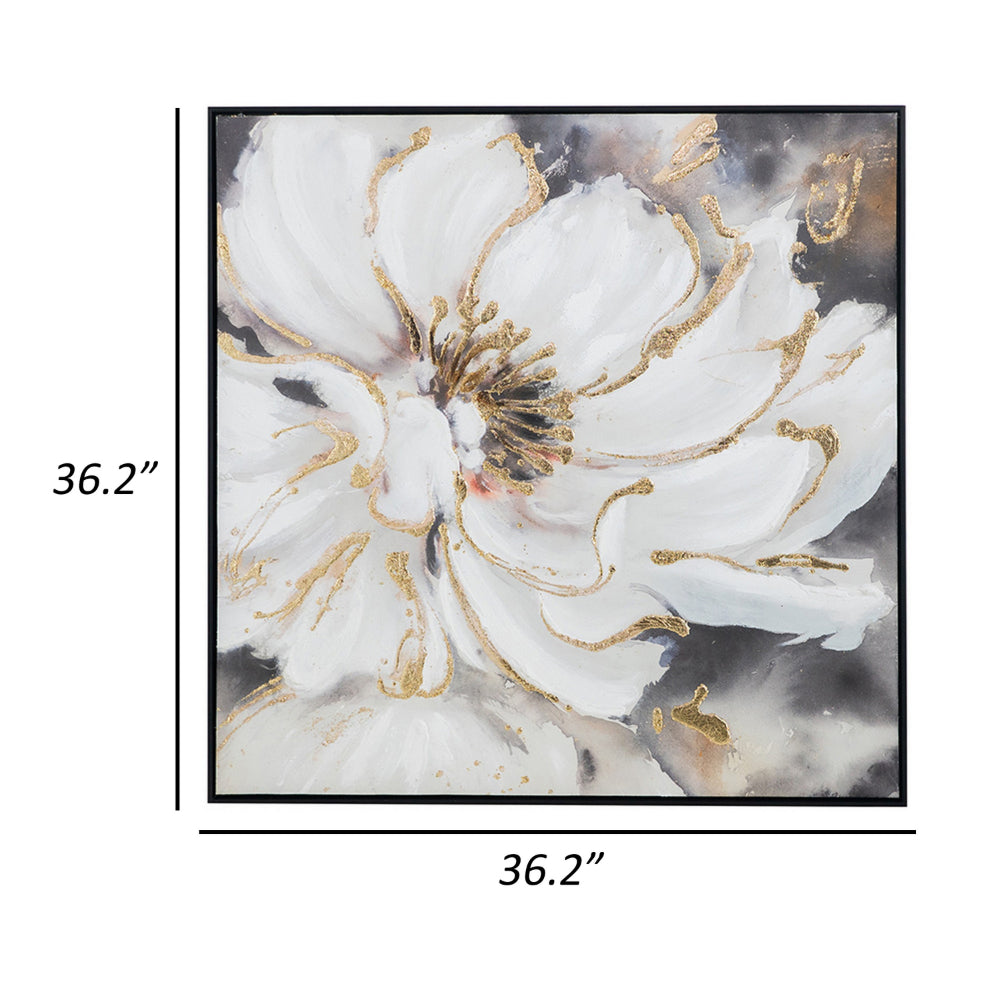 36 x 36 Inch Framed Wall Art, Floral Oil Painting On Canvas, White Gold