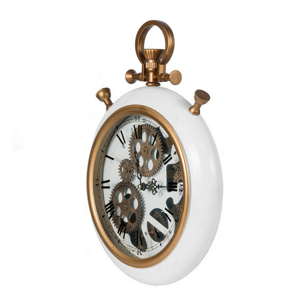 15 Inch Modern Roman Numeral Wall Clock, Iron, Plastic, White, Gold Finish