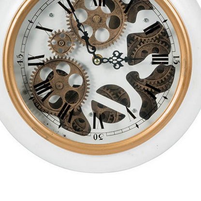 15 Inch Modern Roman Numeral Wall Clock, Iron, Plastic, White, Gold Finish