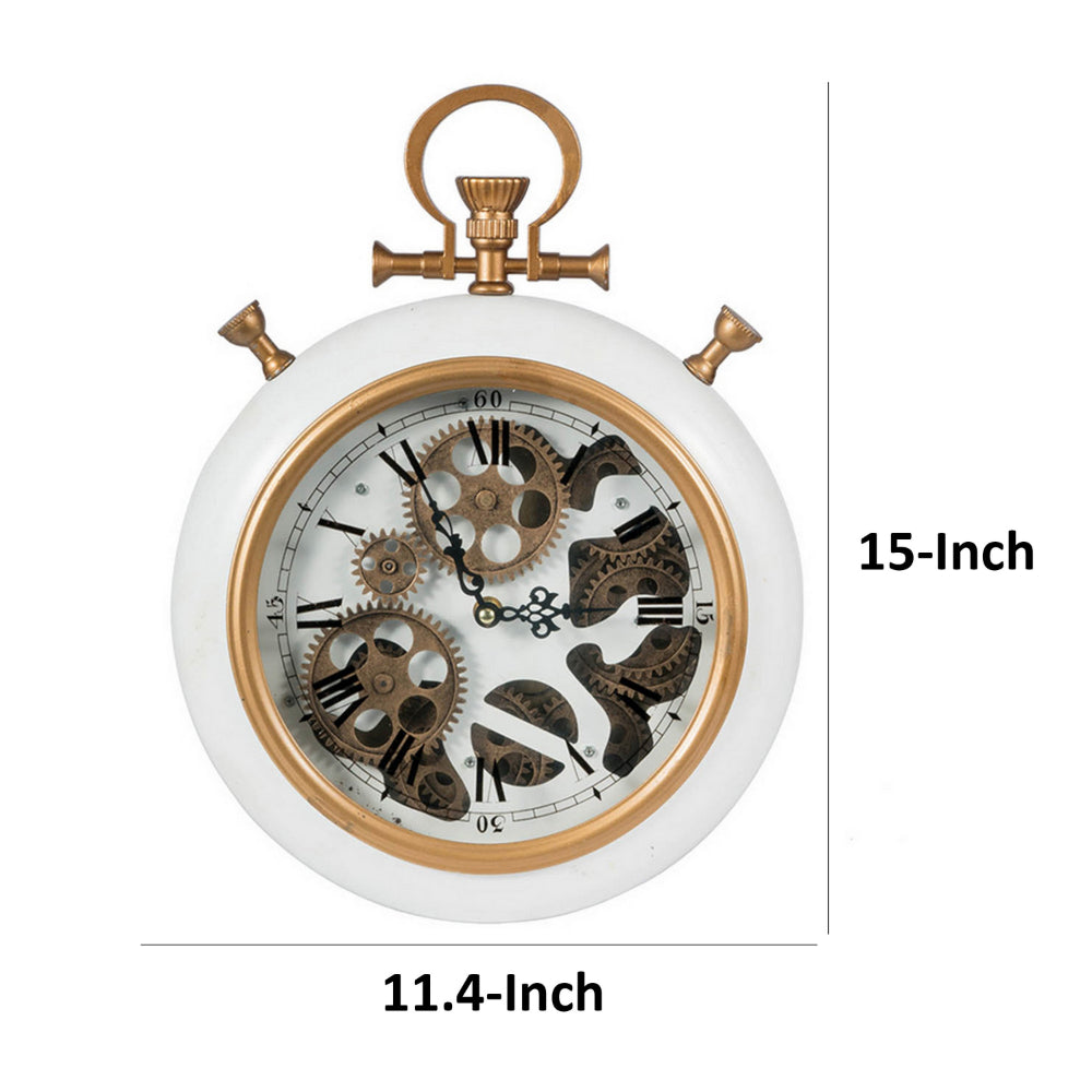 15 Inch Modern Roman Numeral Wall Clock, Iron, Plastic, White, Gold Finish