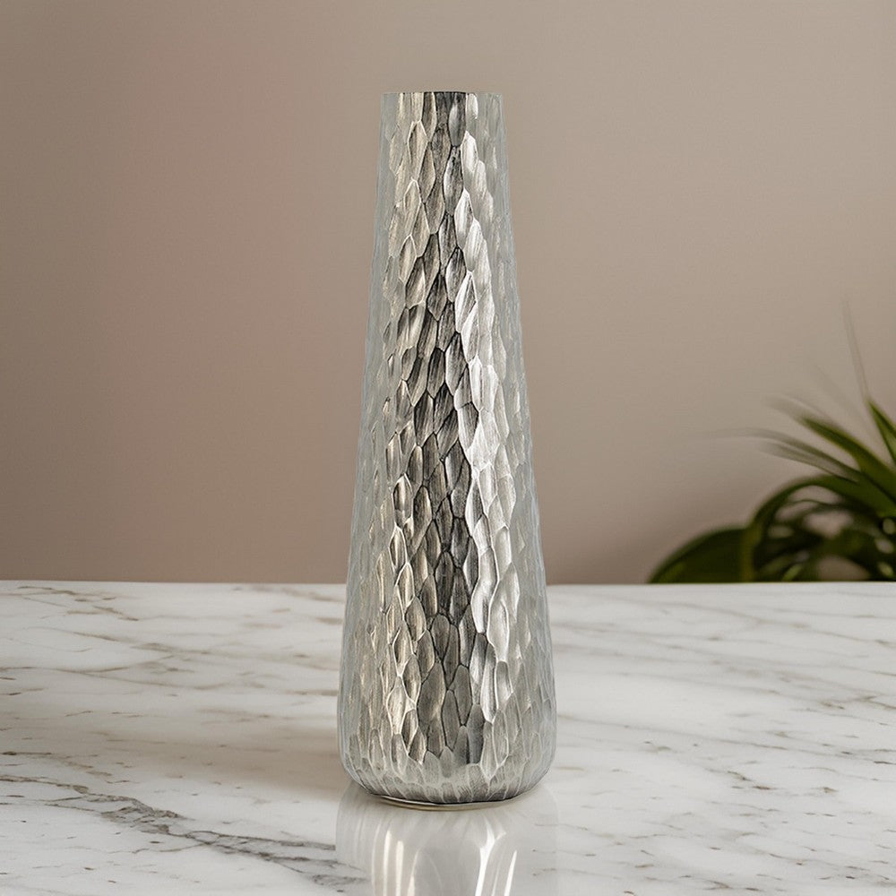 23 Inch Tall Oblong Vase, Diamond Textured, Tapered, Aluminum, Silver