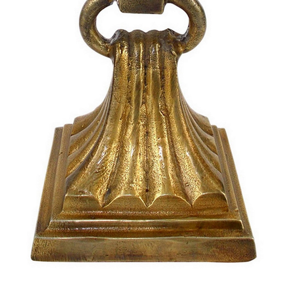 11 Inch Carved Ornate Candle Holder, Block Base, Gold Finished Aluminum