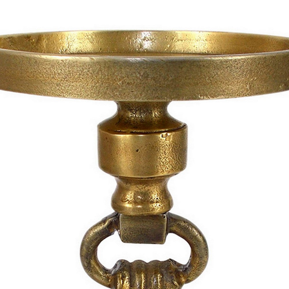 11 Inch Carved Ornate Candle Holder, Block Base, Gold Finished Aluminum