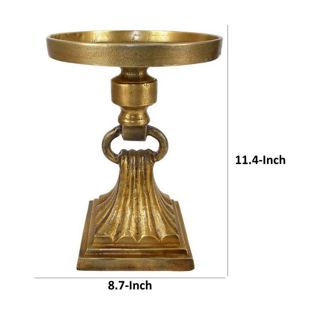 11 Inch Carved Ornate Candle Holder, Block Base, Gold Finished Aluminum