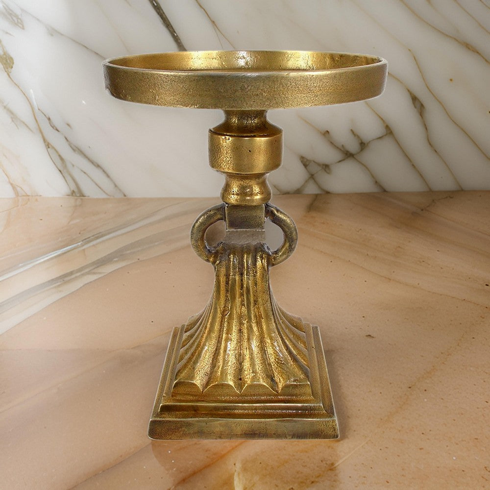 11 Inch Carved Ornate Candle Holder, Block Base, Gold Finished Aluminum