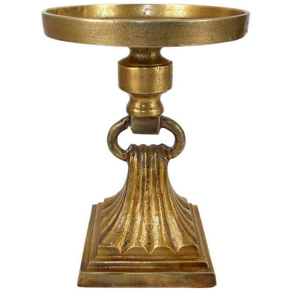 11 Inch Carved Ornate Candle Holder, Block Base, Gold Finished Aluminum