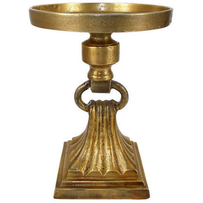 11 Inch Carved Ornate Candle Holder, Block Base, Gold Finished Aluminum