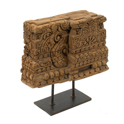 13 Inch Decorative Carved Tabletop Sculpture, Brown Wood, Black Metal Base