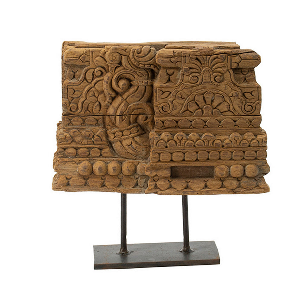 13 Inch Decorative Carved Tabletop Sculpture, Brown Wood, Black Metal Base