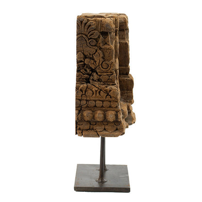 13 Inch Decorative Carved Tabletop Sculpture, Brown Wood, Black Metal Base