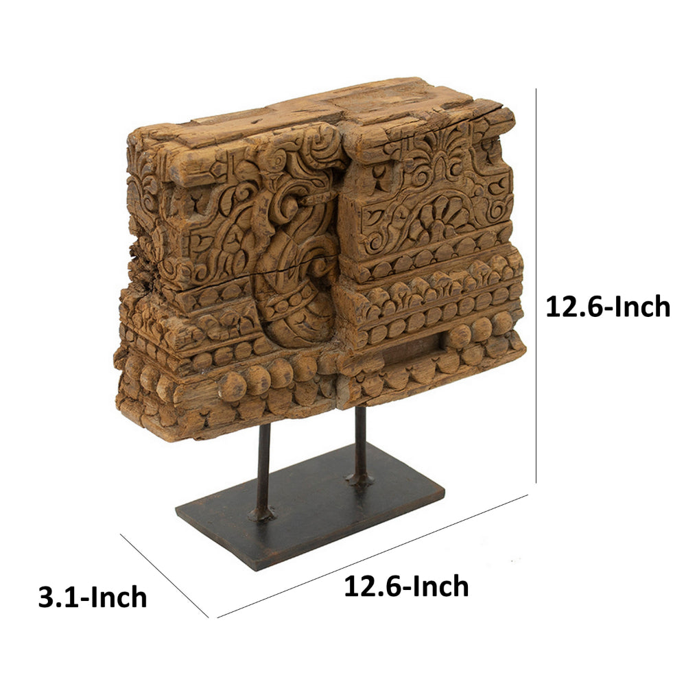 13 Inch Decorative Carved Tabletop Sculpture, Brown Wood, Black Metal Base