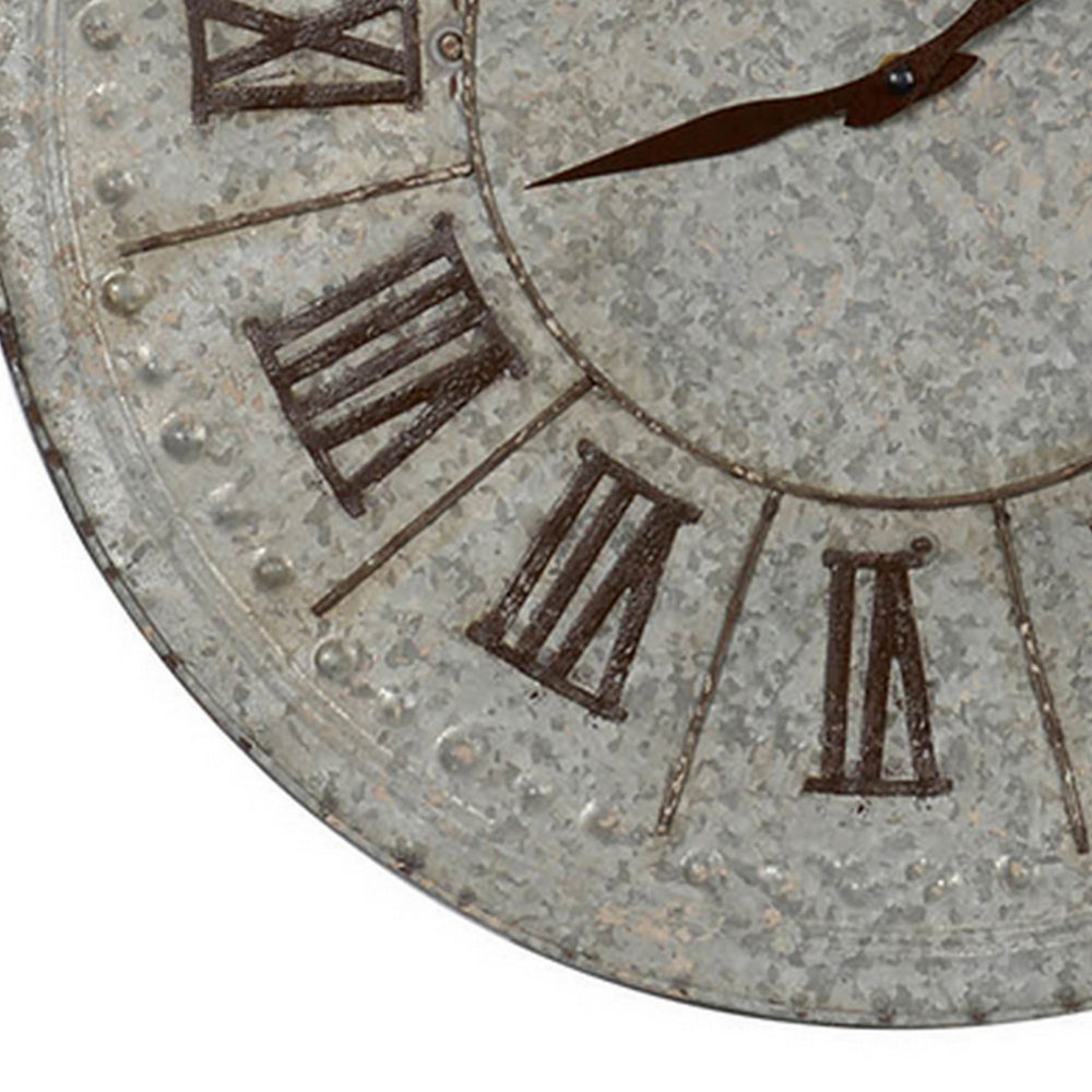 20 Inch Classic Round Wall Clock, Metal, Roman Numerals, Vintage Gray