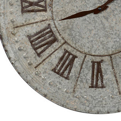 20 Inch Classic Round Wall Clock, Metal, Roman Numerals, Vintage Gray