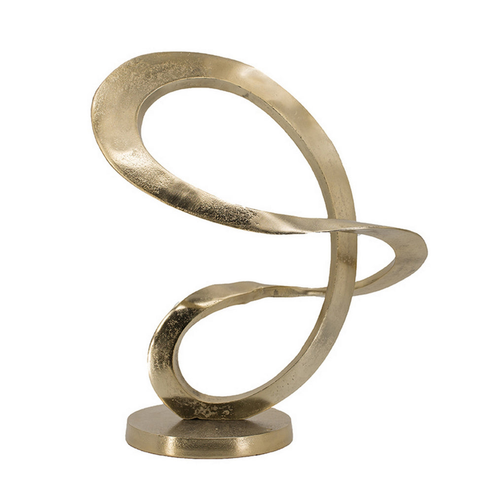 17 Inch Modern Sculpture, Gold Aluminum, Tabletop Decor Loop, Round Base
