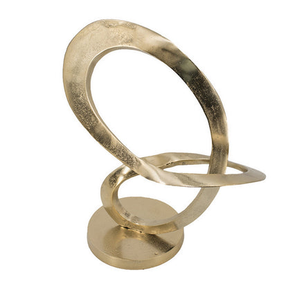 17 Inch Modern Sculpture, Gold Aluminum, Tabletop Decor Loop, Round Base