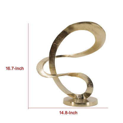 17 Inch Modern Sculpture, Gold Aluminum, Tabletop Decor Loop, Round Base