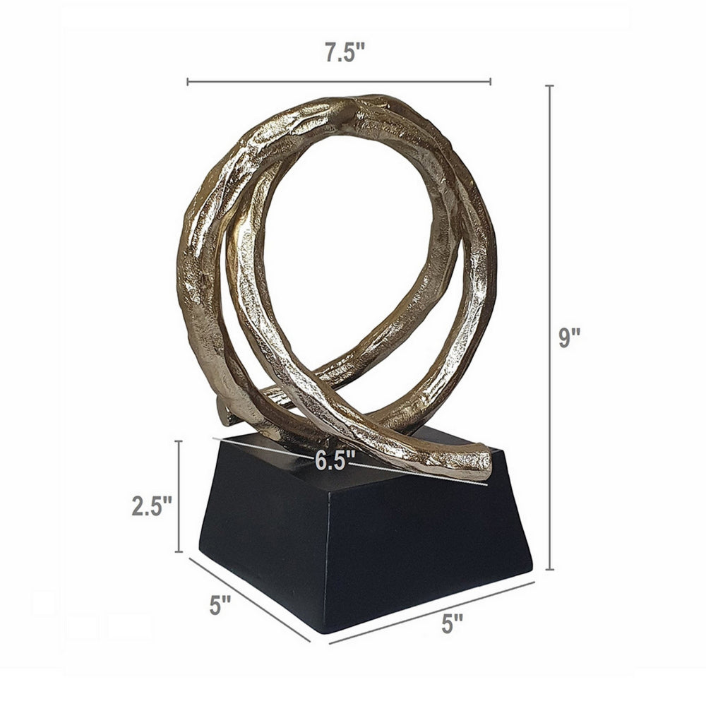 10 Inch Modern Table Sculpture, Bright Gold Aluminum, Intertwined Ring Loop