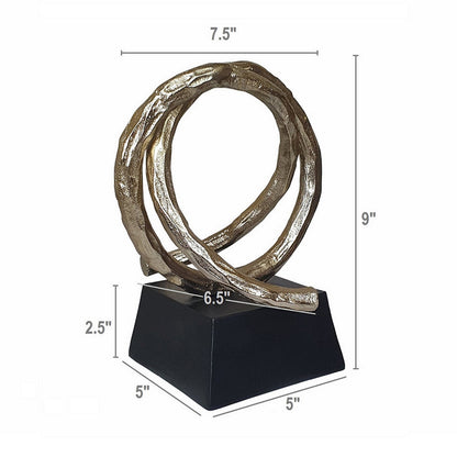 10 Inch Modern Table Sculpture, Bright Gold Aluminum, Intertwined Ring Loop
