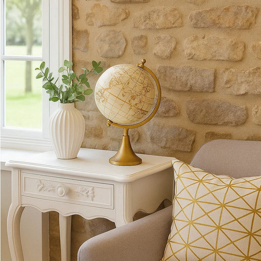 15 Inch Modern Accent Globe, Smooth Turning, White With Gold Aluminum Stand