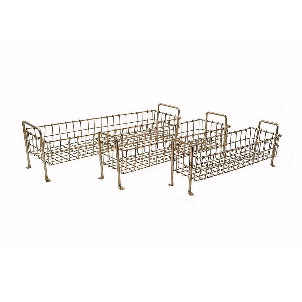 19, 22, 25 Inch Rectangular Trays, Set of 3, Wire Mesh Construction, Gold