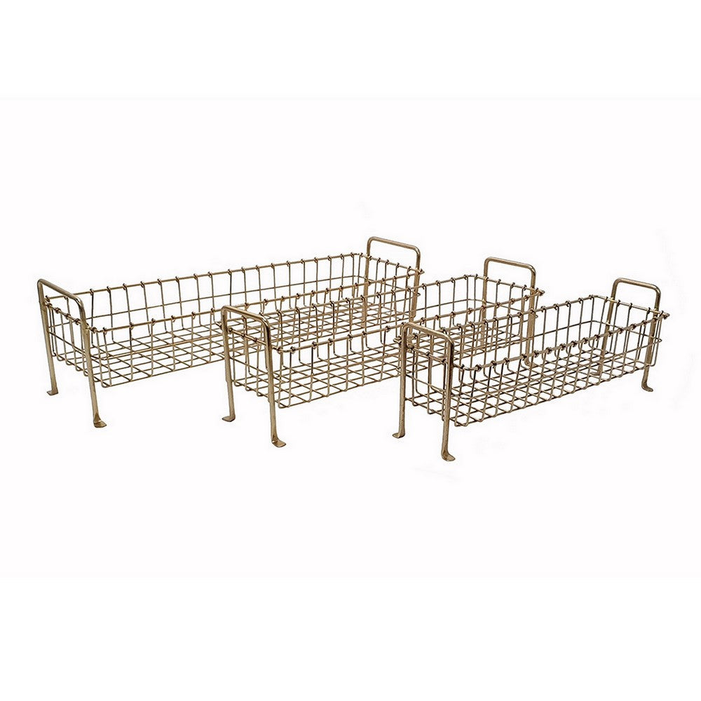 19, 22, 25 Inch Rectangular Trays, Set of 3, Wire Mesh Construction, Gold