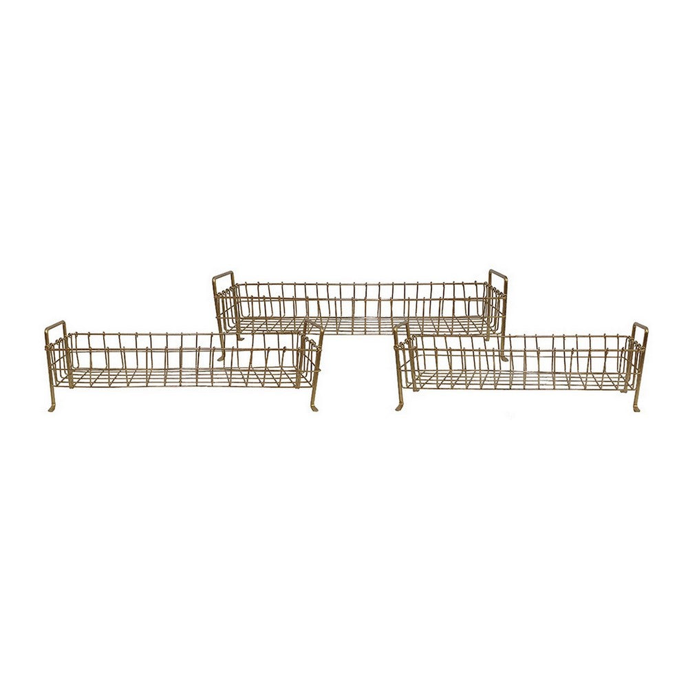 19, 22, 25 Inch Rectangular Trays, Set of 3, Wire Mesh Construction, Gold