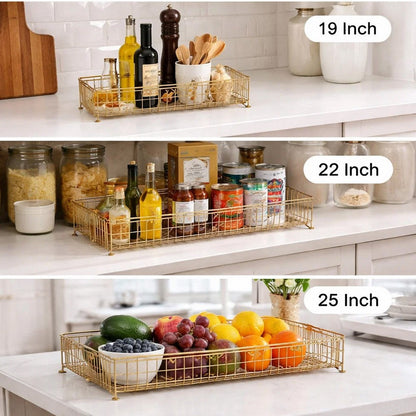 19, 22, 25 Inch Rectangular Trays, Set of 3, Wire Mesh Construction, Gold