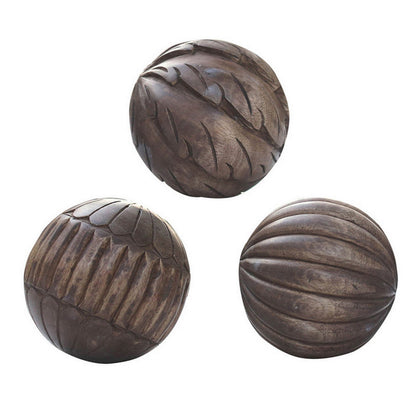5 Inch Decorative Spheres, Set of 3 Balls, Carved Texture Mango Wood, Brown