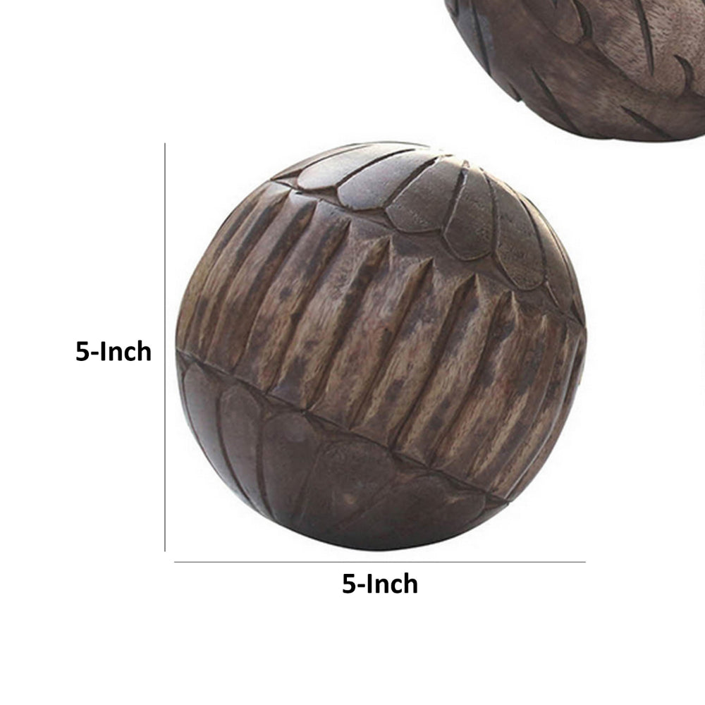 5 Inch Decorative Spheres, Set of 3 Balls, Carved Texture Mango Wood, Brown