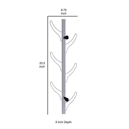 34 Inch Wall Mounted Coat and Hat Rack with 8 Hooks, Silver Metal Frame