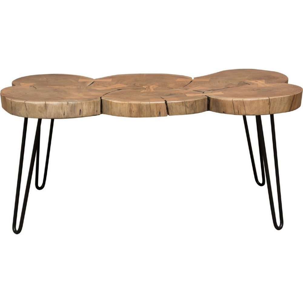 39 Inch Rectangular Coffee Table, Live Edge Wood Top, Metal Legs, Brown