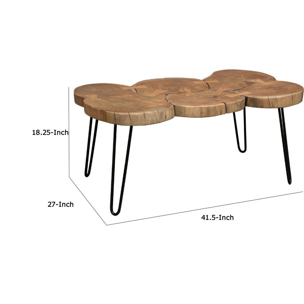 39 Inch Rectangular Coffee Table, Live Edge Wood Top, Metal Legs, Brown