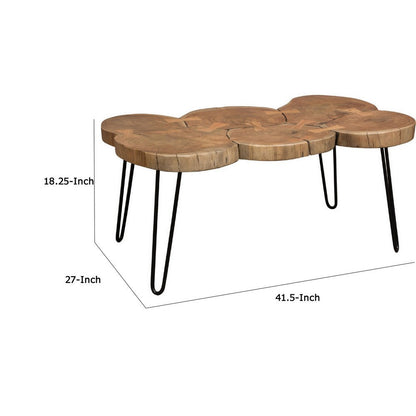 39 Inch Rectangular Coffee Table, Live Edge Wood Top, Metal Legs, Brown