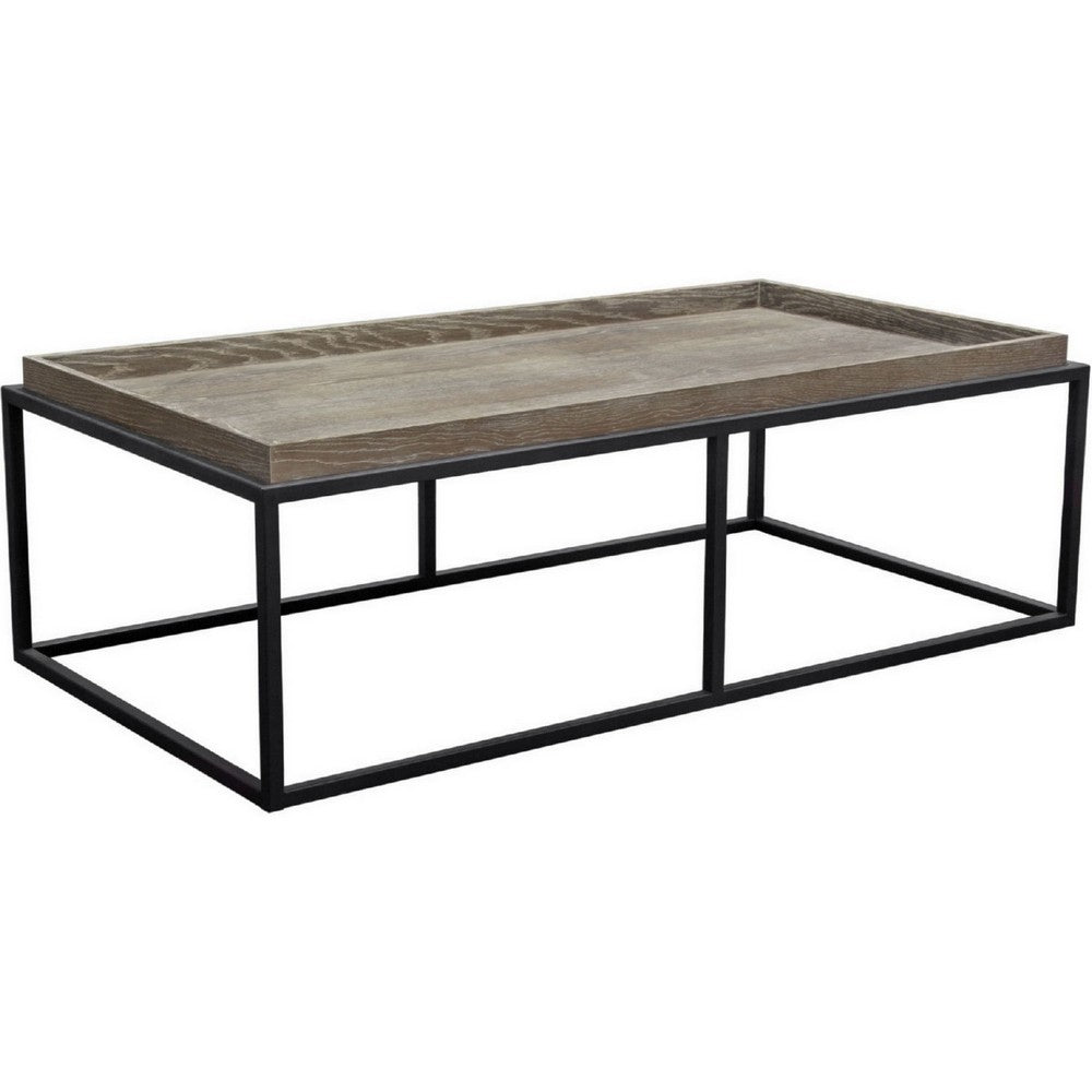 52 Inch Modern Coffee Table, Raised Tray Edges Rustic Oak Brown, Black